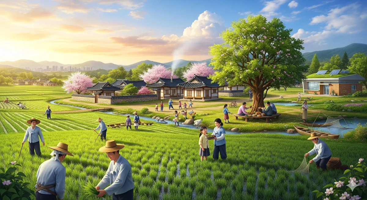 한국 농어촌 마을 전경, 푸른 논과 전통 가옥, 주민들이 함께 어울려 살아가는 모습으로 농어촌기본소득과 국가 균형발전의 미래를 상징