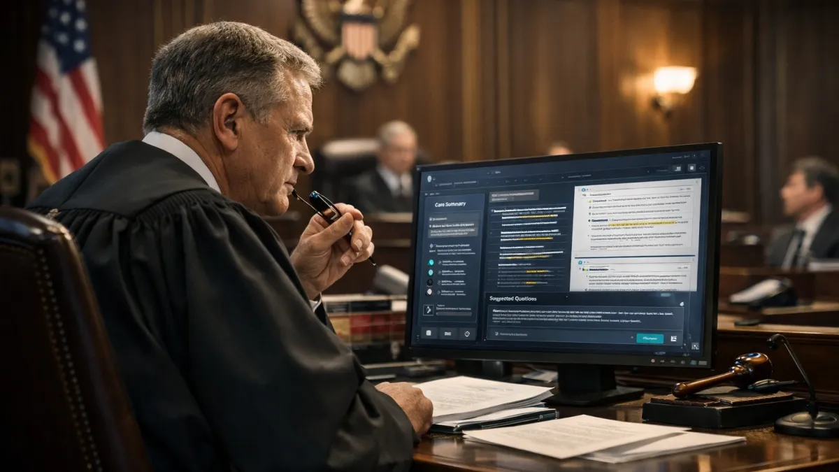 미국 연방 법정에서 판사가 AI 기반 문서 요약 도구를 활용해 재판 기록을 검토하는 가상의 장면, 법정 기술 변화와 사법 AI 활용을 상징하는 이미지