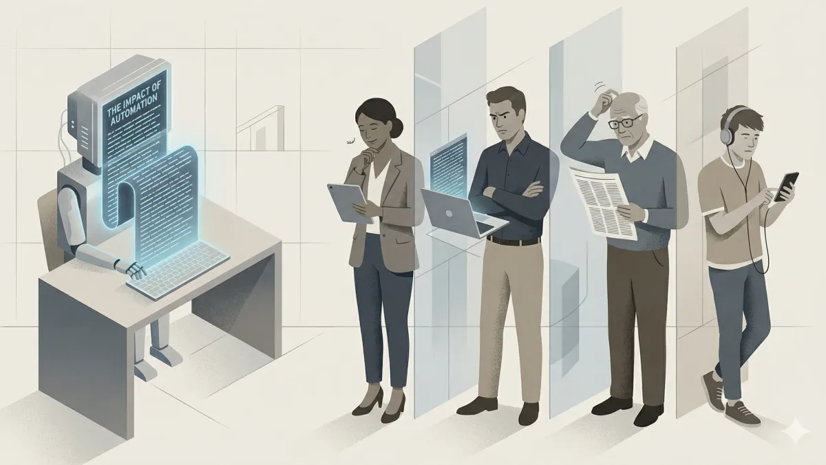 독자를 평균으로 가정한 AI 글쓰기가 서로 다른 독자 반응과 신뢰 붕괴를 초래하는 맥락 실명 개념을 시각화한 이미지