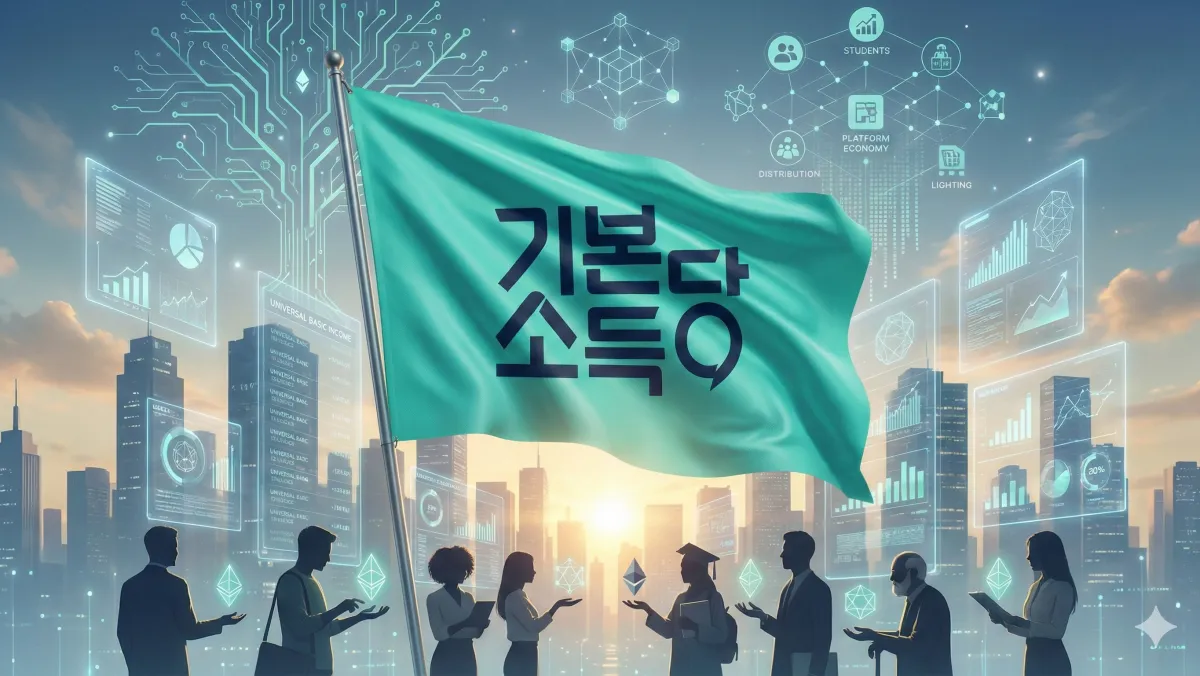 기본소득당 로고가 새겨진 베이직 민트색 깃발이 미래 도시 위로 펄럭이며, AI 시대 보편적 기본소득 실현을 상징하는 이미지. 다양한 사람들이 경제적 자율성을 누리는 새로운 사회계약의 비전.