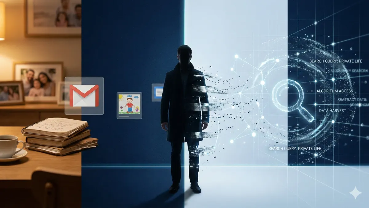 구글 개인 맞춤 지능의 개념을 표현한 이미지. 인간 실루엣이 개인 데이터와 알고리즘 패턴 사이에서 분해되며 검색 시스템으로 흡수되는 모습을 추상적으로 시각화