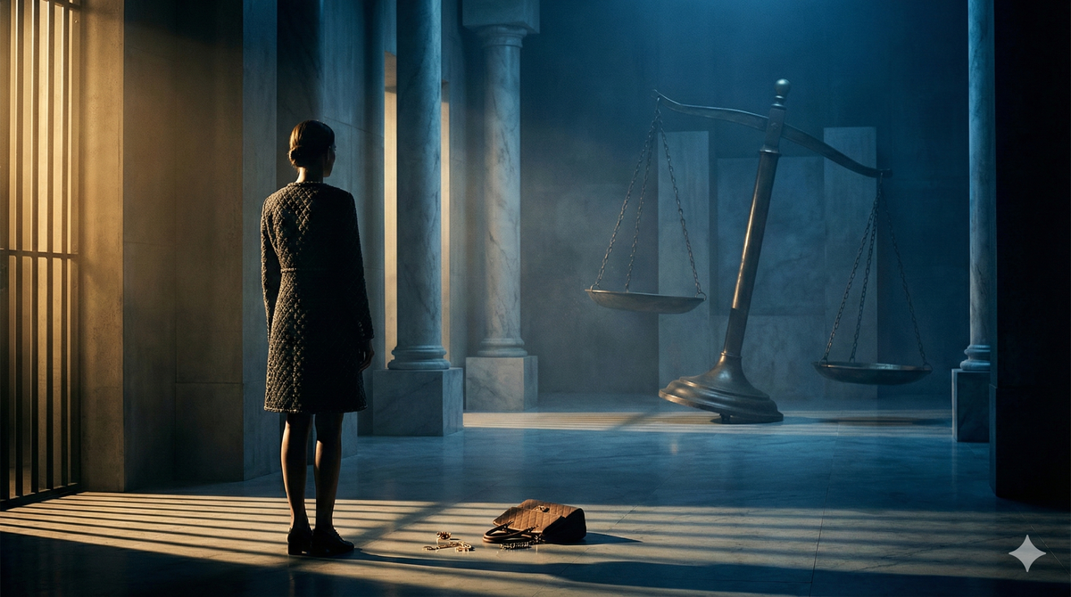 Tilted scales of justice with luxury items and prison bars symbolizing judicial double standards in Kim Keon-hee case