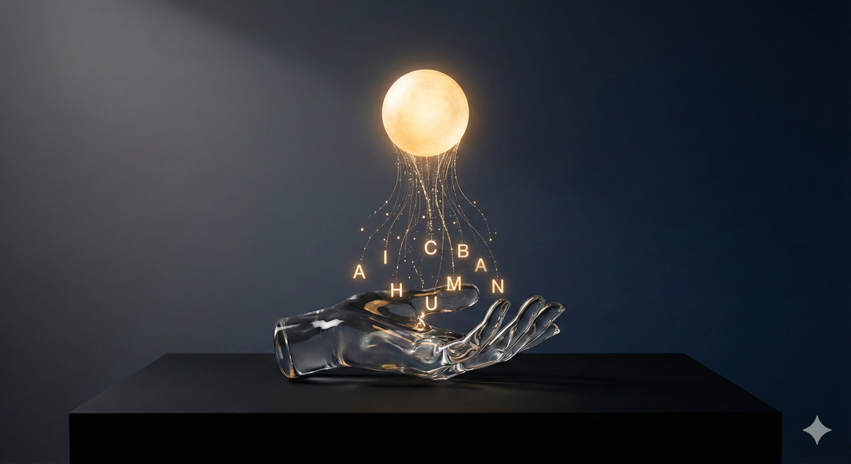 투명한 유리 손바닥 위에 떠 있는 빛나는 구체에서 한글로 된 추천 설명이 흘러내리는 모습을 표현한 예술 사진. SK텔레콤의 설명 가능한 AI 추천 기술 One Model 4.0의 개념을 시각화했다.