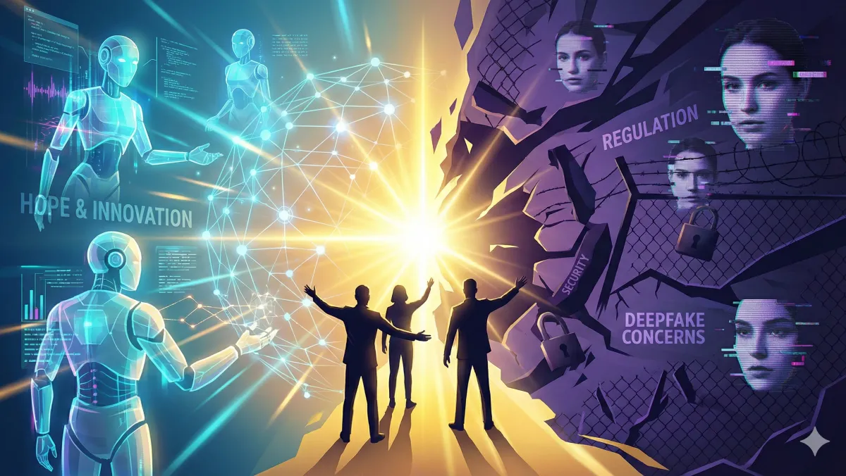 "빛나는 파란색 AI 로봇과 'HOPE & INNOVATION' 문구가 있는 왼쪽의 밝은 미래와, 딥페이크 얼굴과 'REGULATION', 'SECURITY', 'DEEPFAKE CONCERNS' 문구가 있는 오른쪽의 어두운 현실이 중앙의 황금빛 균열을 통해 만나고 있다.