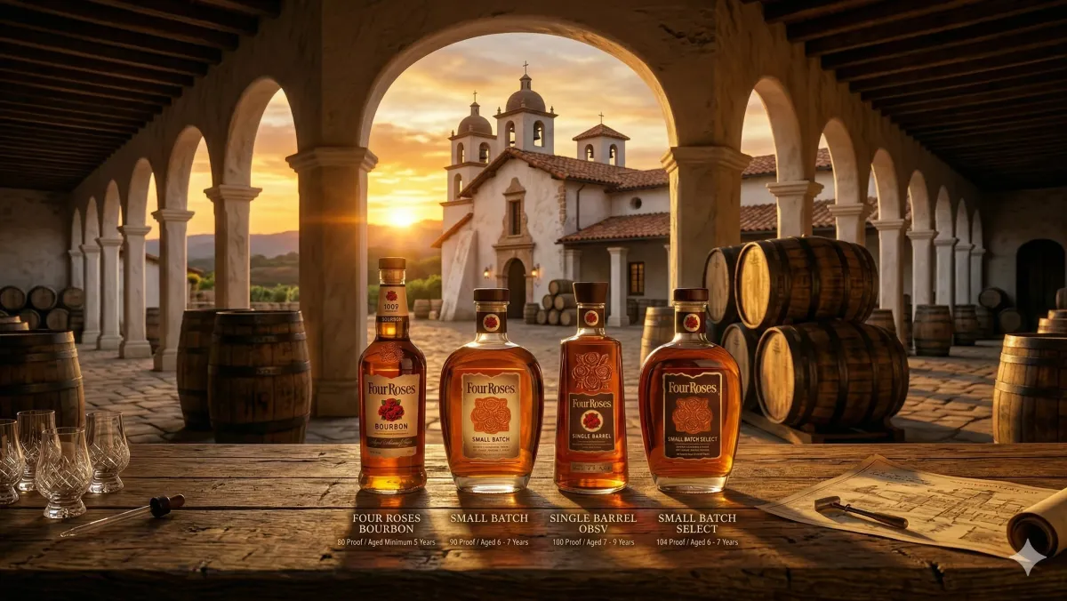 석양 아래 켄터키 증류소를 배경으로 놓인 포 로지스 버번 병과 오크 배럴, 2026년 갤로 인수 이후 새로운 시대를 상징하는 이미지