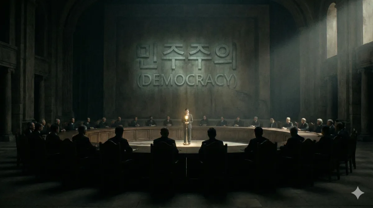 거대하고 어두운 석조 회의장 중앙의 원형 테이블 주변으로 수십 명의 사람들이 앉아 있다. 오직 한 사람이 중앙의 마이크 앞에 서서 스포트라이트를 받고 있으며, 그의 뒤편 거대한 벽에는 '민주주의 (DEMOCRACY)'라는 글자가 새겨져 있다.