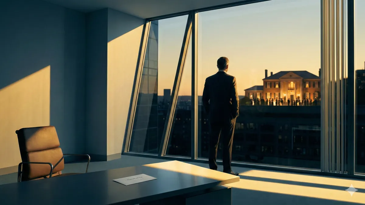 고층 사무실 내부. 해 질 녘 통창 앞에 선, 리더의 품격을 고민하는 남자의 실루엣과 멀리 보이는 화려한 파티가 열리는 저택. 차가운 블루톤의 미니멀한 사무실과 대비되는 황금빛 노을 광선.