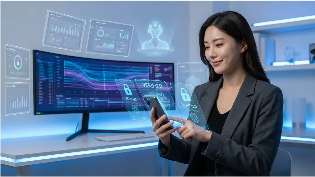 로그인 시 서버가 이용자에게 인증을 요청하고 이용자는 기기에서 지문, 안면 인식 등 생체 인증이나 PIN 번호로 개인키를 활성화하여 전자서명을 생성하는 장면