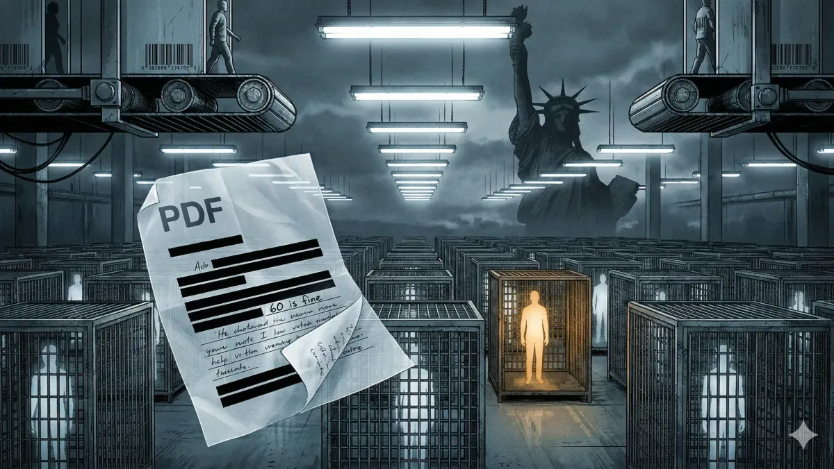 끝없이 늘어선 철창 속 바코드 찍힌 인간 실루엣들, 컨베이어 벨트 위를 화물처럼 이동한다.  유령처럼 떠도는 PDF엔 "60 is fine" 메모가 선명하다. 등 돌린 자유의 여신상.  미국 메가 구금 시스템을 비판한 디스토피아 editorial 일러스트.