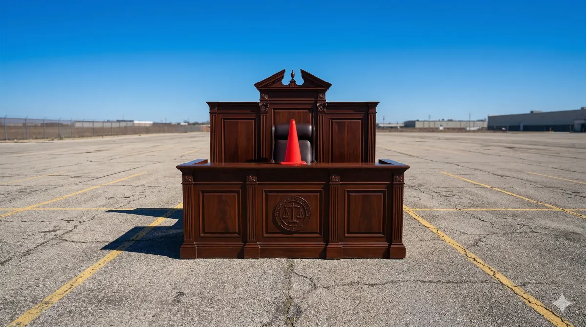 햇볕이 내리쬐는 텅 빈 주차장 한복판에 놓인 판사석. 좌석 위에는 빨간 라바콘 하나. 배경은 구름 한 점 없는 파란 하늘.