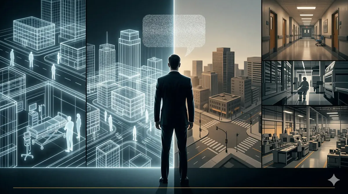 A man in a suit divides split views of glowing blue digital wireframes and realistic rendered cityscapes.