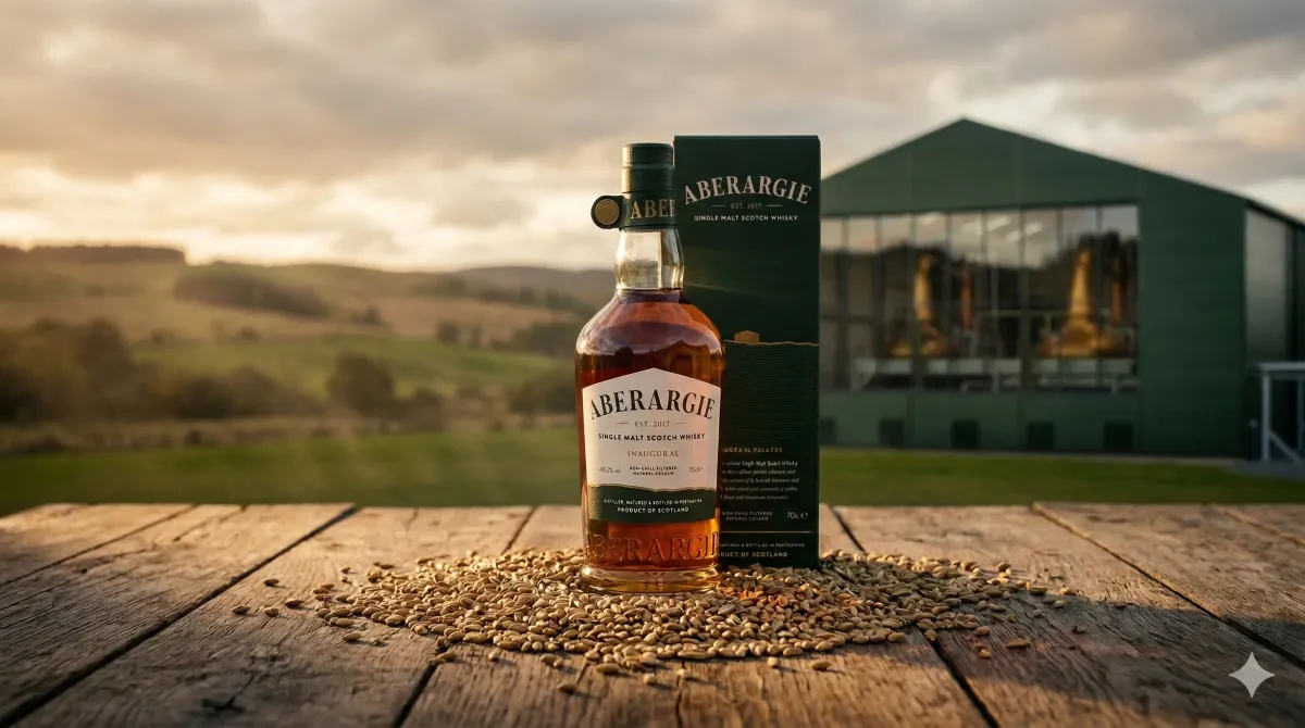 따뜻한 일몰 조명 아래, 황금빛 보리 맥아가 흩어져 있는 오래된 나무 테이블 위에 아베라기 싱글 몰트 스카치 위스키 병과 녹색 포장 박스가 놓여 있다. 배경으로는 유리창을 통해 구리 증류기가 보이는 현대적인 증류소 건물과 언덕이 펼쳐진다.