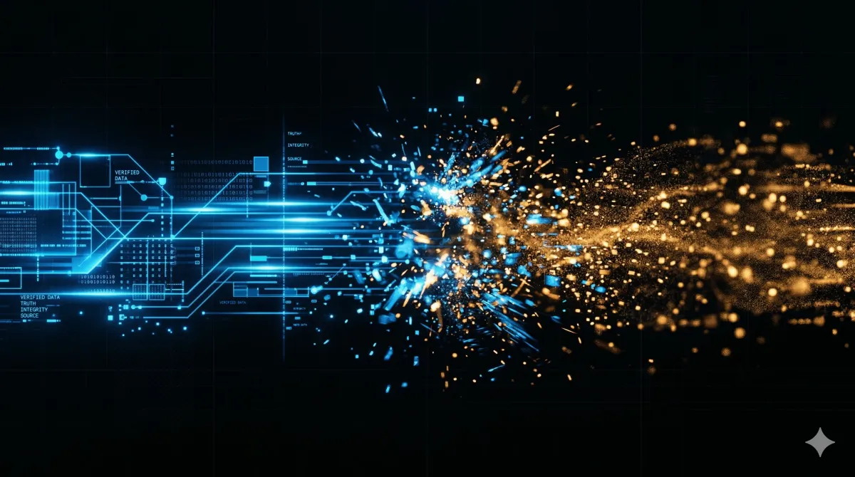 어두운 배경의 파란색 네온 데이터 회로가 역동적인 파란색 및 주황색 입자 폭발로 연결되는 추상적인 시각화.