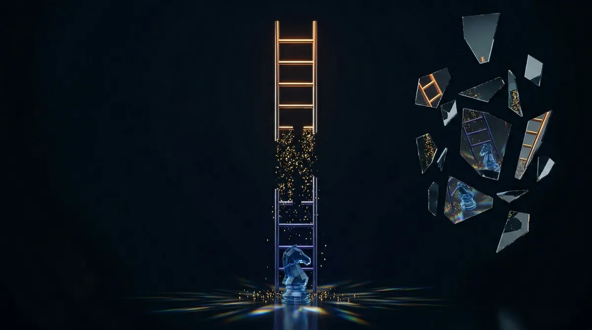 어두운 공간에 가운데 가로대가 금빛 입자로 녹아내리는 강철 사다리, 그 아래 투명한 유리 체스 나이트가 서 있는 추상 구성