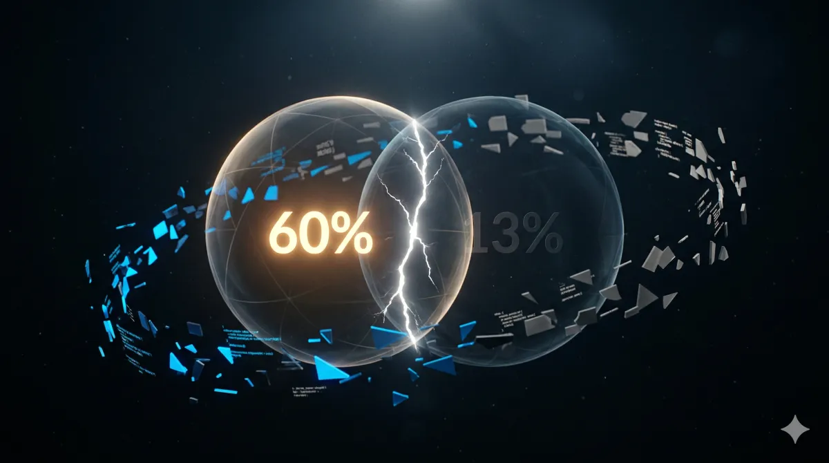 AI 사용률 60%와 신뢰율 13%를 상징하는 두 개의 빛나는 구체가 어두운 배경 위에 떠 있고 그 사이를 가르는 균열이 흰 빛으로 표현된 추상 이미지