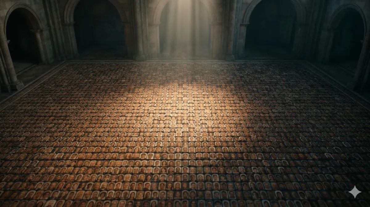 8만 명의 AI 인터뷰 응답을 모자이크 타일로 형상화한 이미지. 빛과 그림자가 같은 바닥 위에 공존하며, 희망과 공포가 한 사람 안에서 동시에 작동한다는 연구 결과를 시각화했다.