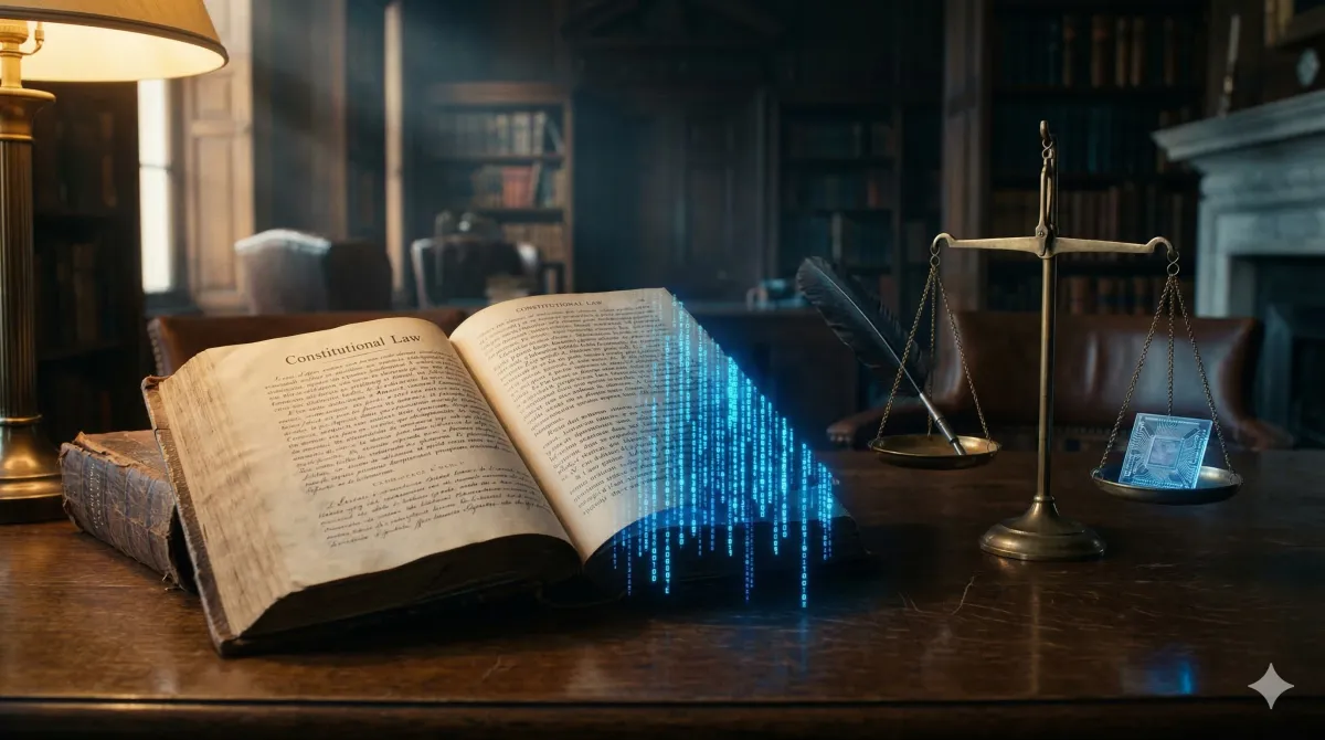 어두운 목재 책상 위, 펼쳐진 헌법 서적에서 푸른색 이진법 코드가 흘러나오는 모습. 옆에는 황동 저울이 있으며 한쪽 접시에는 검은 깃펜이, 다른 쪽에는 투명한 유리 마이크로칩이 놓여 있는 시네마틱한 사진.