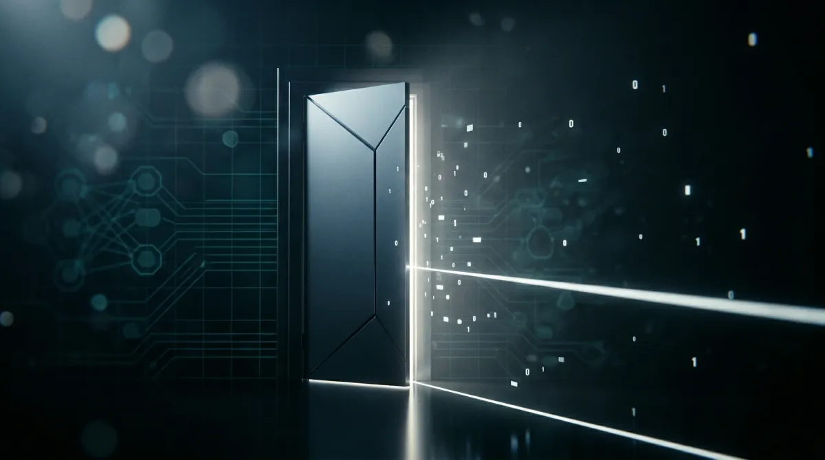 어두운 금속 재질의 문이 살짝 열려 있고, 틈새로 흰빛이 새어나오는 추상적 디지털 구성. 배경에는 AI 신경망 패턴과 흩어지는 데이터 조각들이 부유한다.