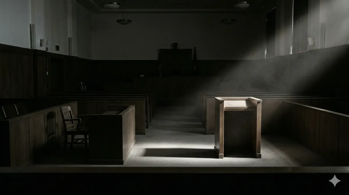 텅 빈 피고인 석에 한 줄기 빛이 내리쬐는 어두운 법정. 책임질 자가 없는 자리를 표현한 다큐멘터리 사진 스타일 이미지