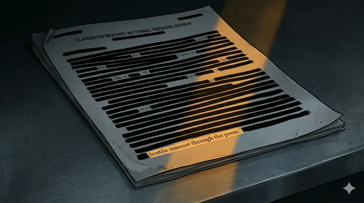 검은 먹칠로 뒤덮인 기밀 문서 위에 단 한 줄의 문장이 빛에 노출된 추상적 일러스트. 앤트로픽 공급망 위험 지정의 실제 이유를 상징한다.