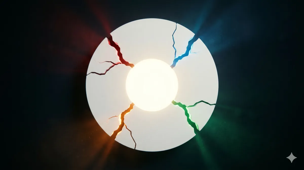 어두운 배경에 중심부가 밝게 빛나는 흰색 원반. 원의 가장자리에서 네 방향으로 뻗은 균열에서 각각 빨강, 파랑, 주황, 초록색 광선이 퍼져나가고 있다.