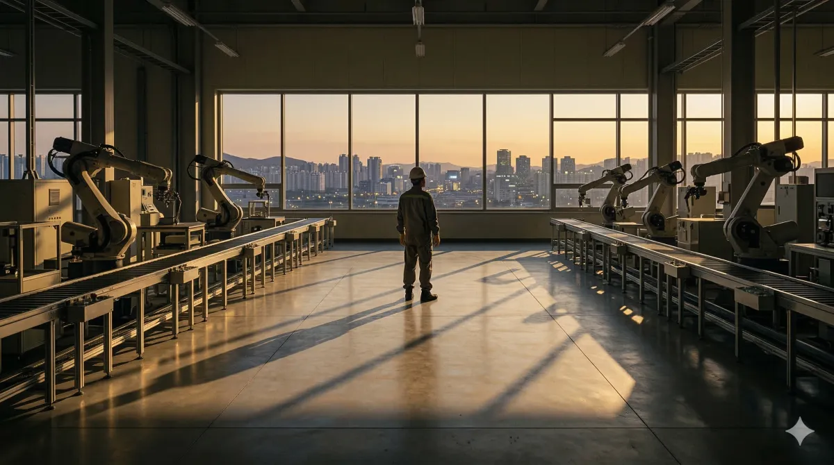 금빛 노을이 내리쬐는 한국의 빈 공장 바닥, 일렬로 늘어선 산업용 로봇과 그 끝에서 창밖 도시 전경을 응시하는 작업자의 실루엣이 담긴 광각의 시네마틱한 사진