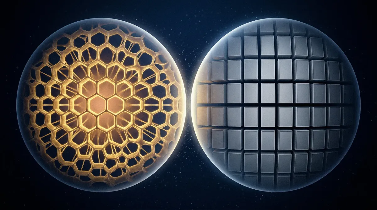 같은 윤곽선을 가진 두 발광체. 왼쪽은 황금 육각 세포들이 안에서 바깥으로 팽창하고, 오른쪽은 회색 직사각형 격자가 외부 제약으로 봉쇄된 구조. 두 형태 사이엔 해소되지 않은 발광 간극이 남아 있다.