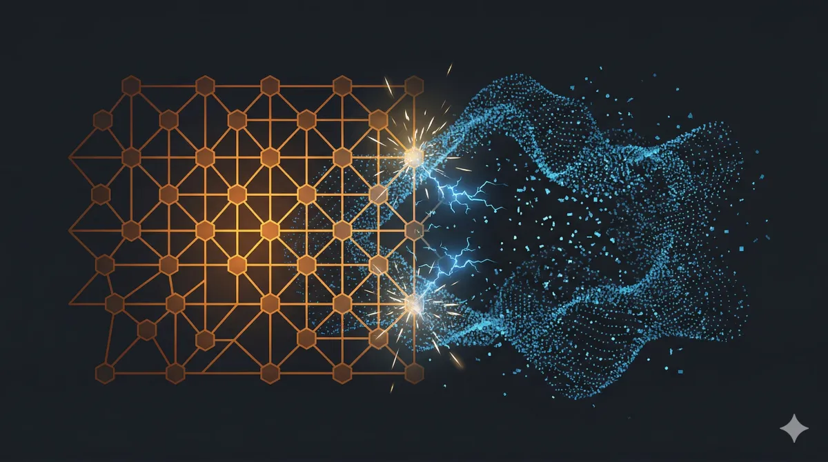 앰버 격자 구조와 블루 데이터 포인트 클라우드가 충돌하는 추상 구도. 브리태니커 vs OpenAI 소송에서 다루는 검증된 지식 레이어와 AI 확률적 재조립의 긴장을 시각화한 히어로 이미지