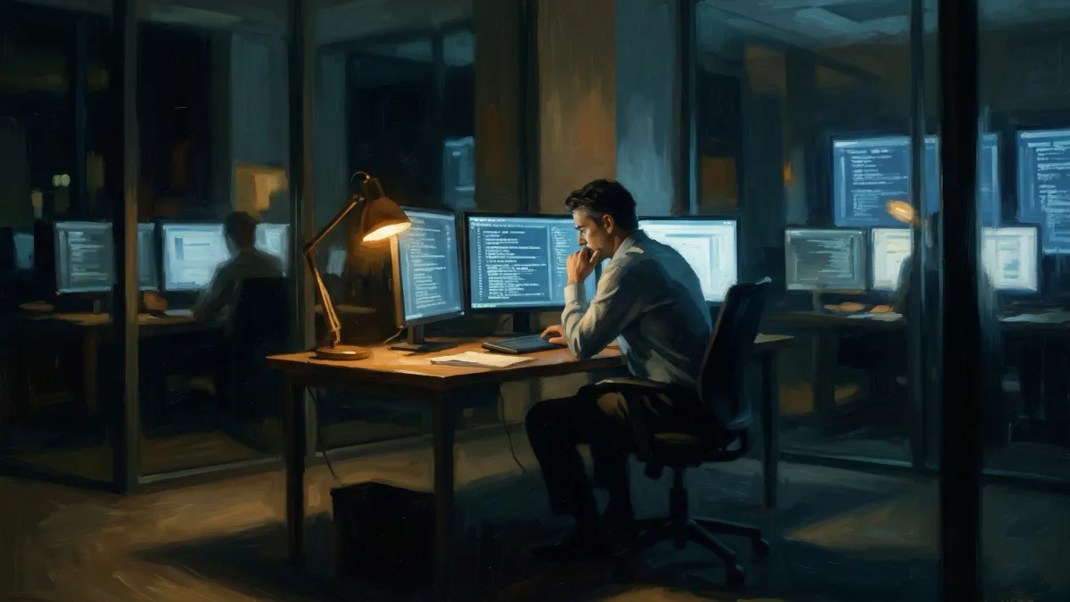 밤늦게 사무실에 홀로 앉아 여러 화면을 바라보는 인물. 책상 램프의 따뜻한 호박색 빛과 화면의 차가운 푸른 빛이 대비를 이루며 AI 시대 기업 커뮤니케이터의 고독과 불확실성을 표현한다.