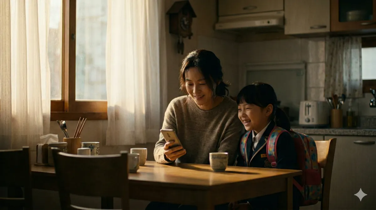 한국 가정의 따뜻한 주방 식탁에 앉아, 학교 교복을 입고 무늬 있는 배낭을 멘 어린 딸과 엄마가 함께 스마트폰 화면을 내려다보며 환하게 웃고 있다. 엄마는 갈색 니트를 입고 있고, 딸은 남색 교복 자켓을 입고 있다. 창문에서 들어오는 부드럽고 따뜻한 오후 햇살이 식탁과 주방 공간을 비춘다.