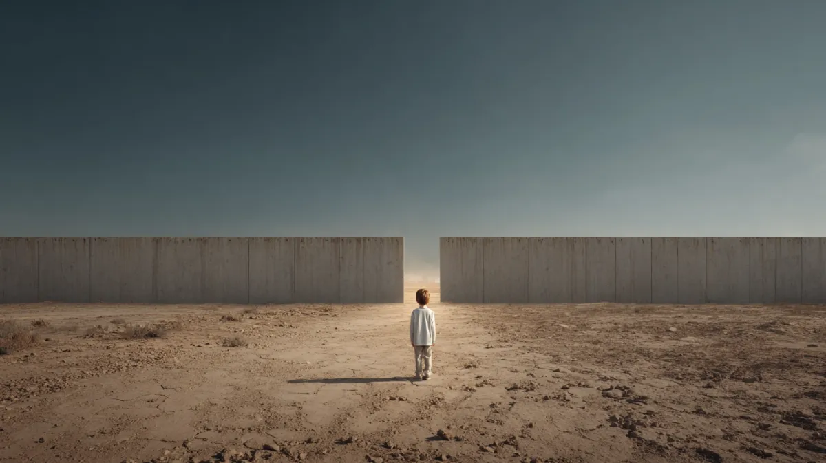 가뭄으로 갈라진 땅 위에 홀로 서 있는 아이 뒤로, 콘크리트 벽의 틈 사이로 산불 불빛과 홍수가 밀려드는 상징적 장면