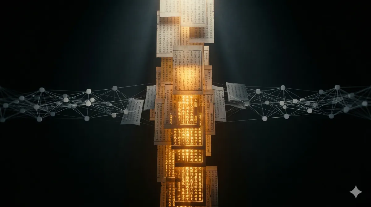 어두운 배경 중심에 고전 한자 필사본 조각들이 수직 기둥 형태로 쌓여 황금빛으로 빛나고, 양옆으로 기하학적인 현대 데이터 네트워크 노드가 수평으로 뻗어 나가는 16:9 비율의 시네마틱한 지식 구조 시각화 이미지.