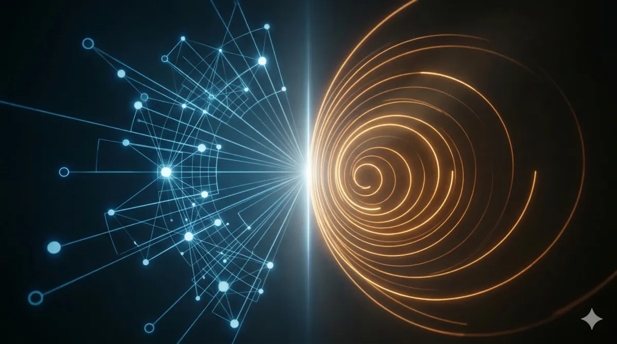 냉청색 거버넌스 네트워크(좌)와 황금빛 자기 변화 소용돌이(우)가 중앙 발광 수직축에서 교차하는 어두운 배경의 추상 데이터 시각화. 동서양 AI 인식의 구조적 비대칭을 표현한 이미지.