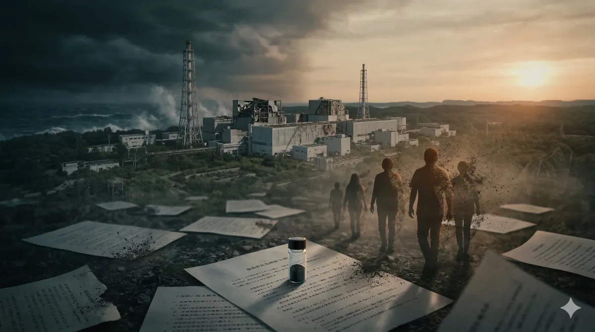 분할된 하늘 아래 폐허가 된 후쿠시마 원전 주변 항공 뷰. 흩어진 문서와 작은 유리 병, 입자로 용해되며 멀어지는 피난민 실루엣들이 걸어가고 있다.