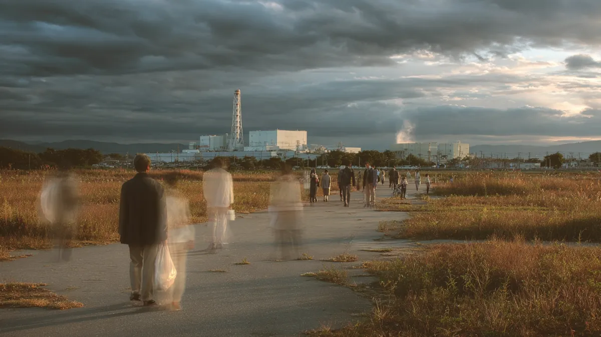 An aerial view of the ruined Fukushima nuclear plant under a dual-toned sky. Scattered Japanese mall vial lie in the foreground. 