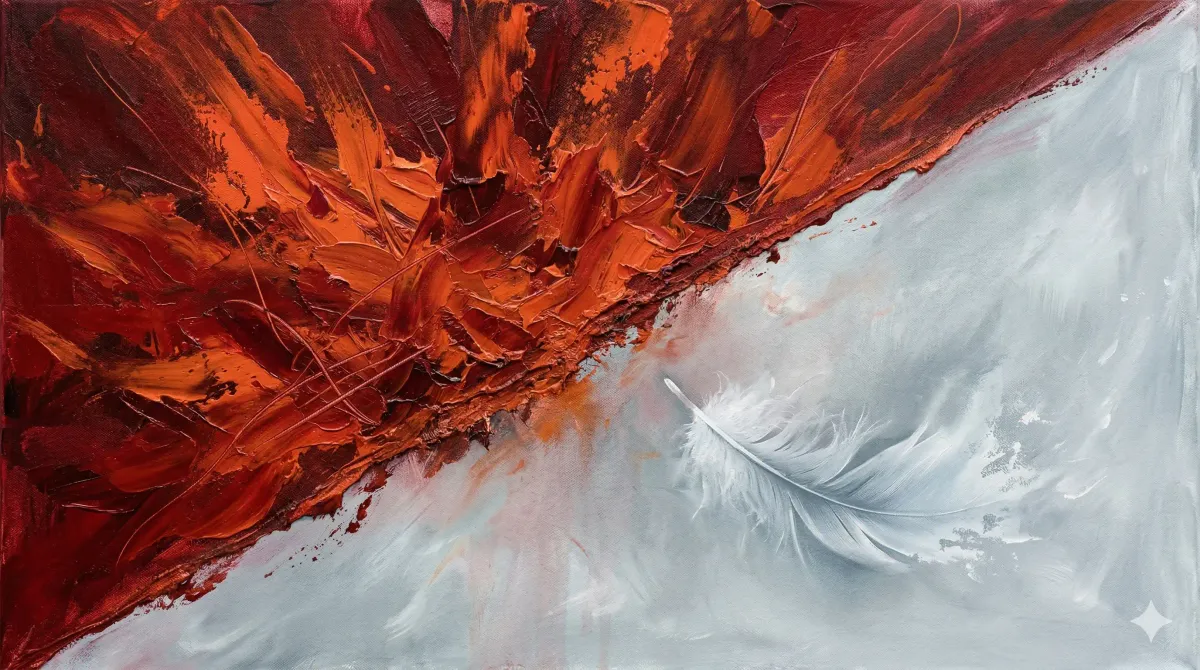붉은 폭발적 붓질과 창백한 하강 선이 대각선으로 대비되는 앙포르멜 스타일의 추상 유화. 상승과 하락의 속도 차이를 시각화