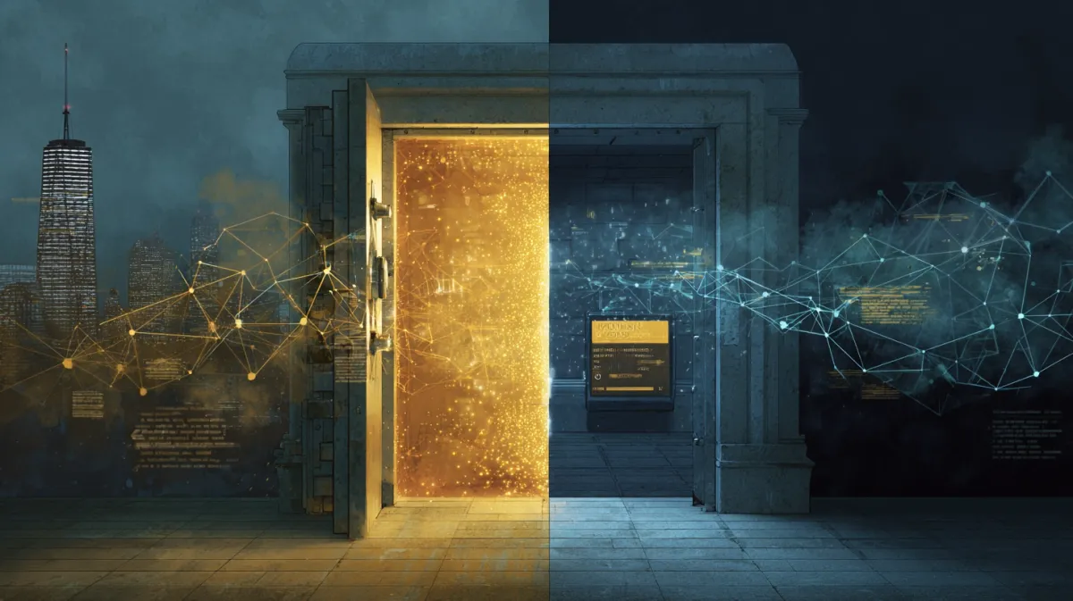 열린 금고에서 데이터가 AI로 흘러나가고, 닫힌 금고 옆에 자물쇠가 걸린 이중 구도의 디지털 일러스트레이션