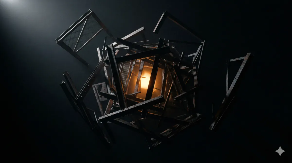 차가운 금속 재질의 허들 오브젝트들이 어두운 공간에 기하학적으로 부유하고, 그 틈새로 따뜻한 호박빛 빛이 새어나오는 추상 이미지. 관료적 구조 속 억압된 인간 존재를 시각화