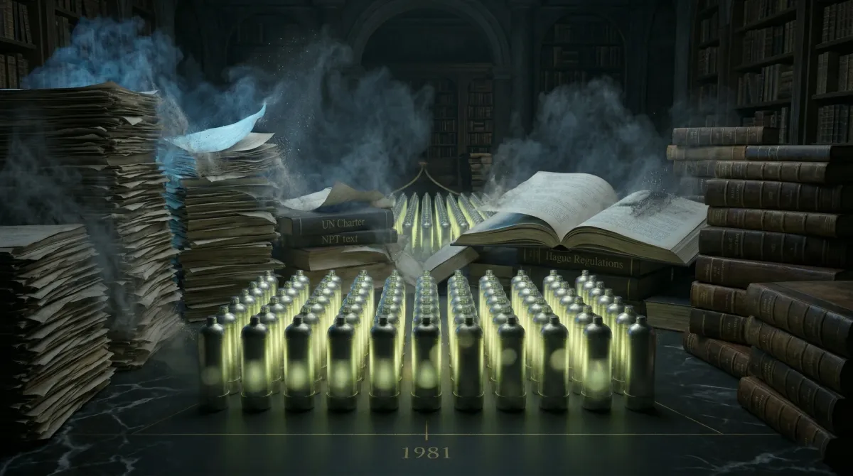 40여 개의 우라늄 육불화물 실린더가 희미한 녹황색 빛을 내며 어두운 바닥 위에 격자 배열로 늘어서 있고, 주변에는 유엔헌장·NPT·헤이그 육전법규 등 조약 문서 더미가 가장자리부터 푸른 먼지로 분해되어 흩어지는 추상 구성, 배경 하단에 1945·1981·2026 타임라인이 희미한 금빛 선으로 새겨진 광각 이미지