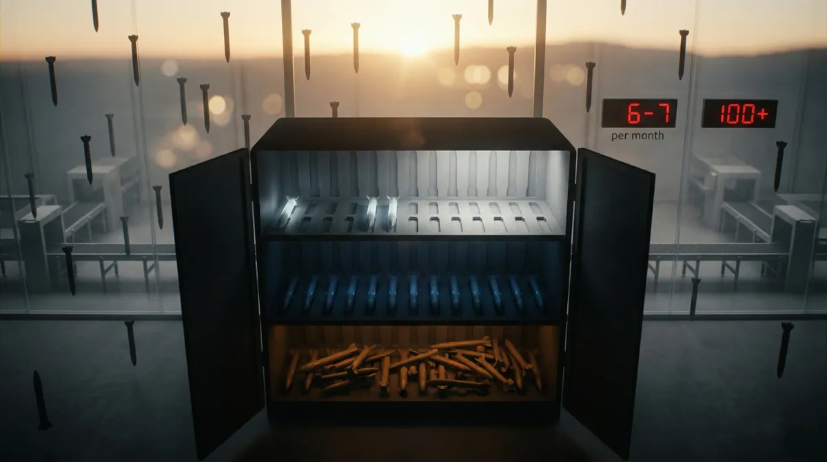 이스라엘 방어 계층별 요격 미사일 재고 고갈을 시각화한 추상 이미지: 상위 기종 애로우는 거의 비어 있고, 하위 기종 아이언돔은 과부하 상태이며, 배경의 공장 라인은 멈춰 있다.