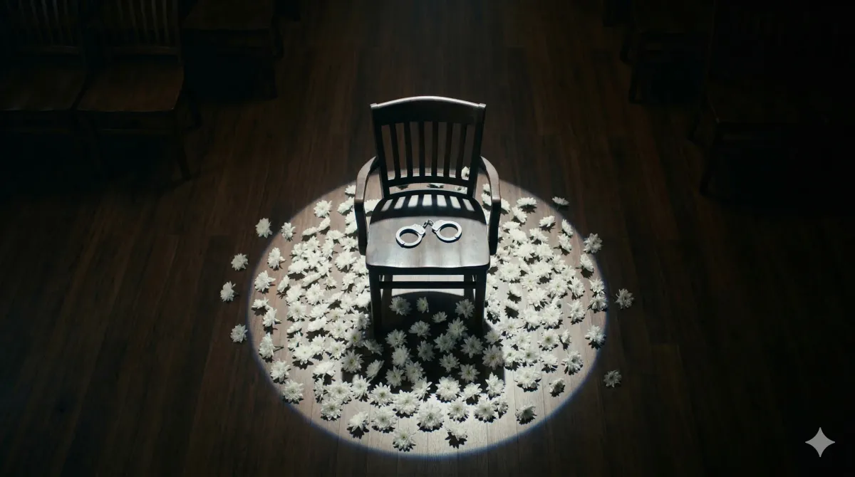 어두운 방 중앙, 원형 스포트라이트가 비추는 나무 의자. 의자 위에는 은색 수갑이 놓여 있고, 바닥 조명 원 안에는 159개 흰 국화가 가득하다. 