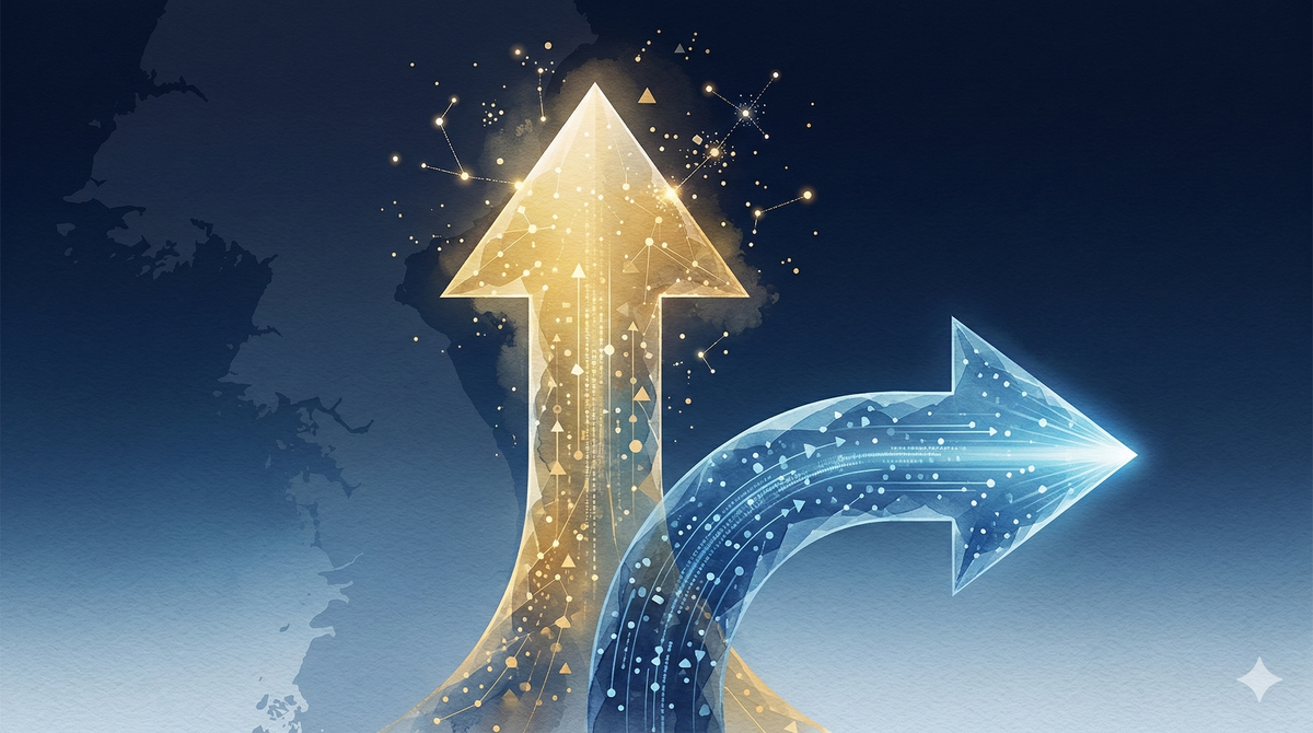 어두운 남색 그라데이션 배경에 한국 지도 실루엣이 희미하게 보입니다. 왼쪽에는 위를 향하며 금빛 성단과 네트워크 패턴을 띠는 화살표가 있고, 오른쪽에는 오른쪽으로 향하며 파란빛 데이터 회로 패턴을 띠는 화살표가 있습니다.