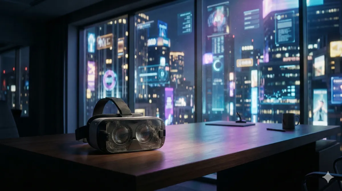 먼지 쌓인 VR 헤드셋이 놓인 사무실 책상, 창밖으로 홀로그램과 데이터 스트림이 떠다니는 증강현실 도시 풍경이 보인다.