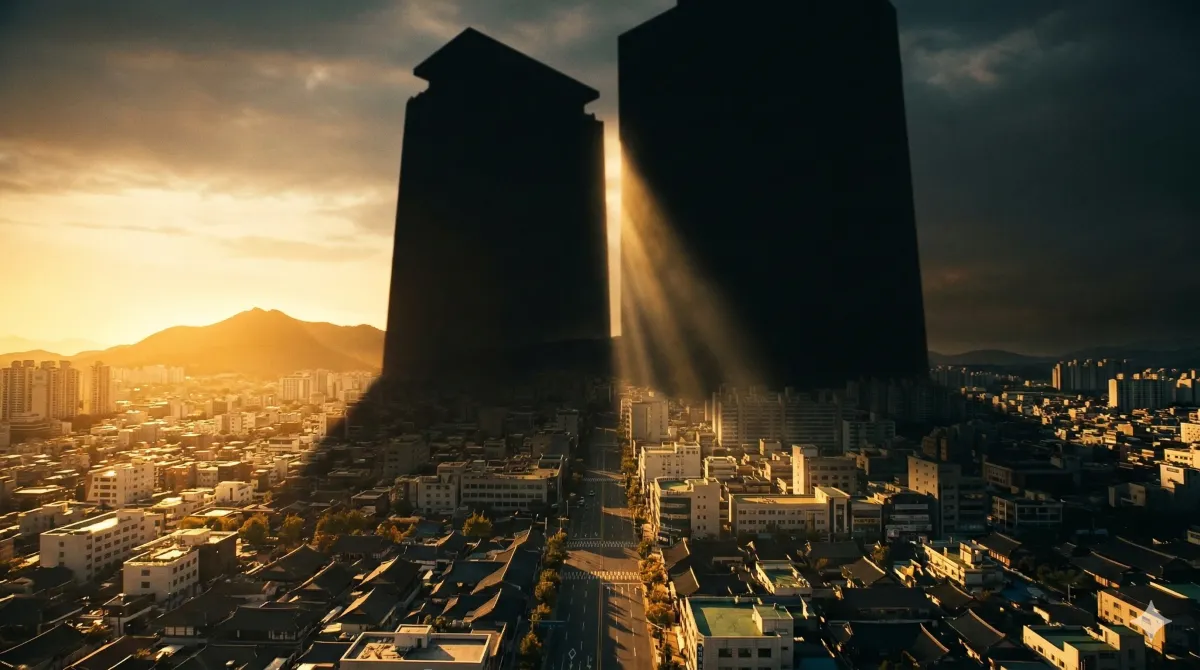 늦은 오후 골든 아워의 광주광역시 항공 사진. 전경에는 금남로와 전통 기와지붕, 현대식 건물이 황금빛 햇살 아래 펼쳐져 있고 지평선에는 무등산 실루엣이 보인다. 도시 위에는 양당체제의 불편함을 상징하는 두 개의 거대하고 어두운 모놀리스 타워 실루엣이 솟아 있으며, 그들의 긴 그림자가 아래 거리를 덮고 있다. 