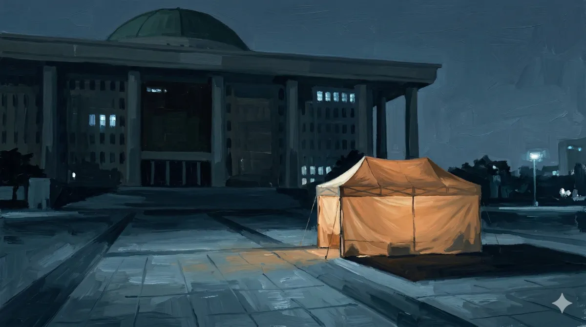 국회 본청 앞 야외에 설치된 개혁진보4당 정치개혁 촉구 천막 농성장. 어두운 광장 한켠에 불이 켜진 작은 천막이 거대한 국회 건물을 배경으로 서 있는 유화 스타일 이미지.