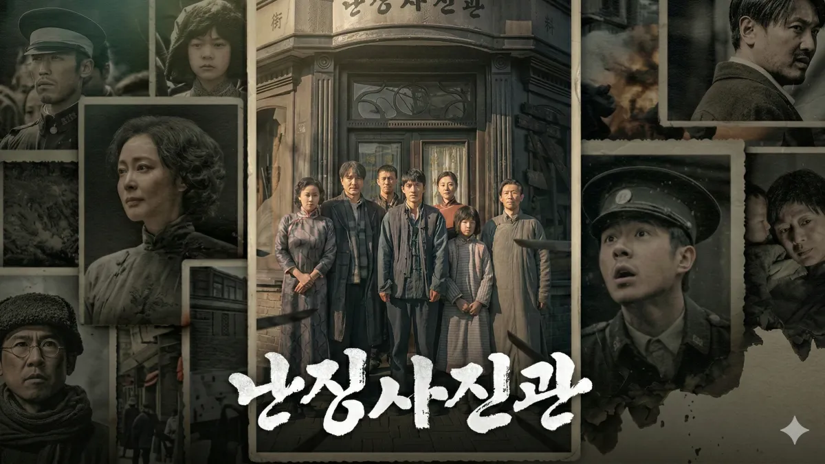 1937년 난징을 배경으로 한 영화 〈난징사진관〉. 사진관 앞에 선 등장인물들과 주변을 둘러싼 사진들이 역사적 기록의 무게를 상징한다.