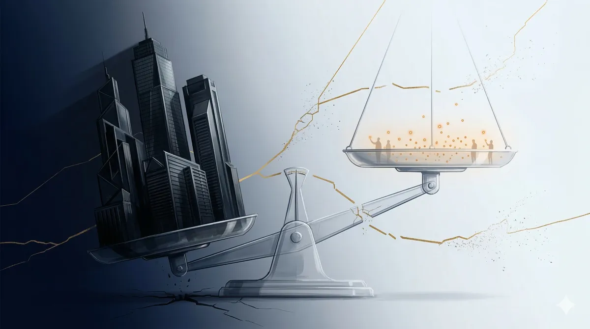 large, tilted justice scale weighted by a dark cluster of skyscrapers on the left and a floating glowing sphere with small people on the right. The background is split by cracked gold lines.