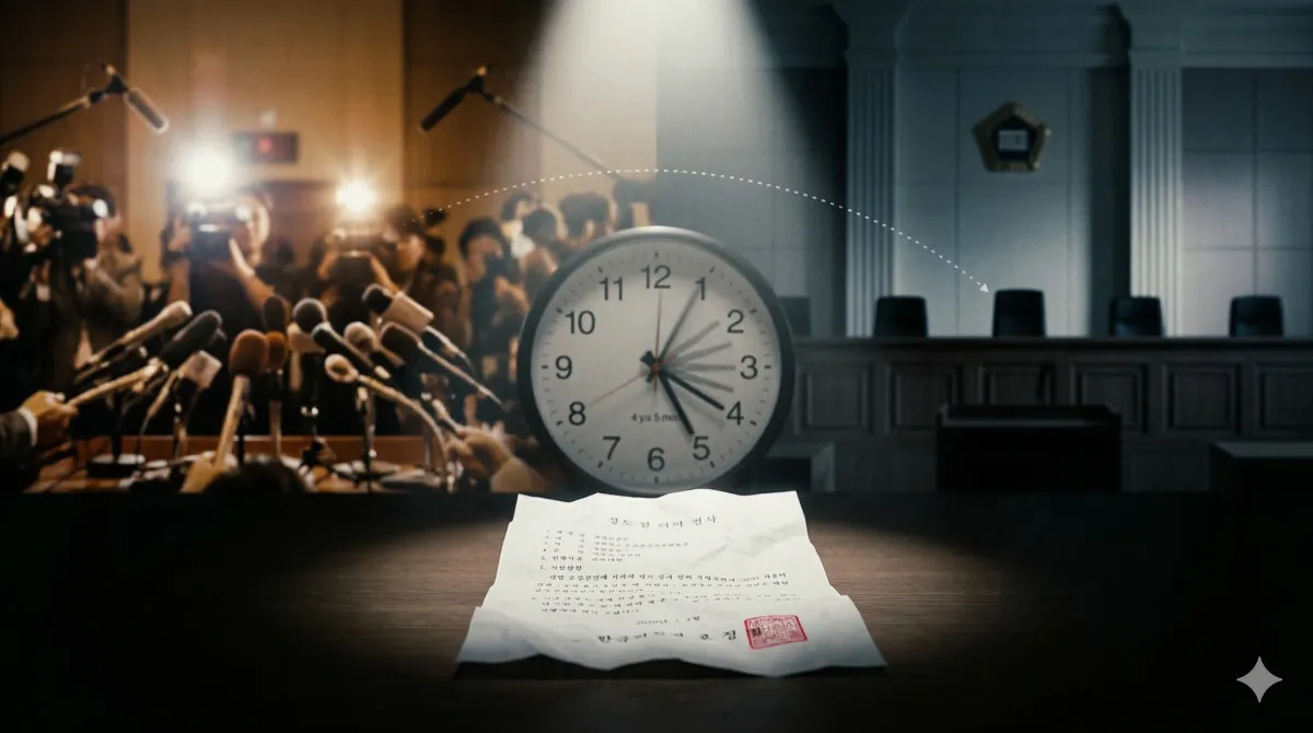 장영하 허위사실공표 사건의 시간차를 상징하는 이미지. 기자회견장과 대법원 법정 사이에 놓인 구겨진 문서와 시계.