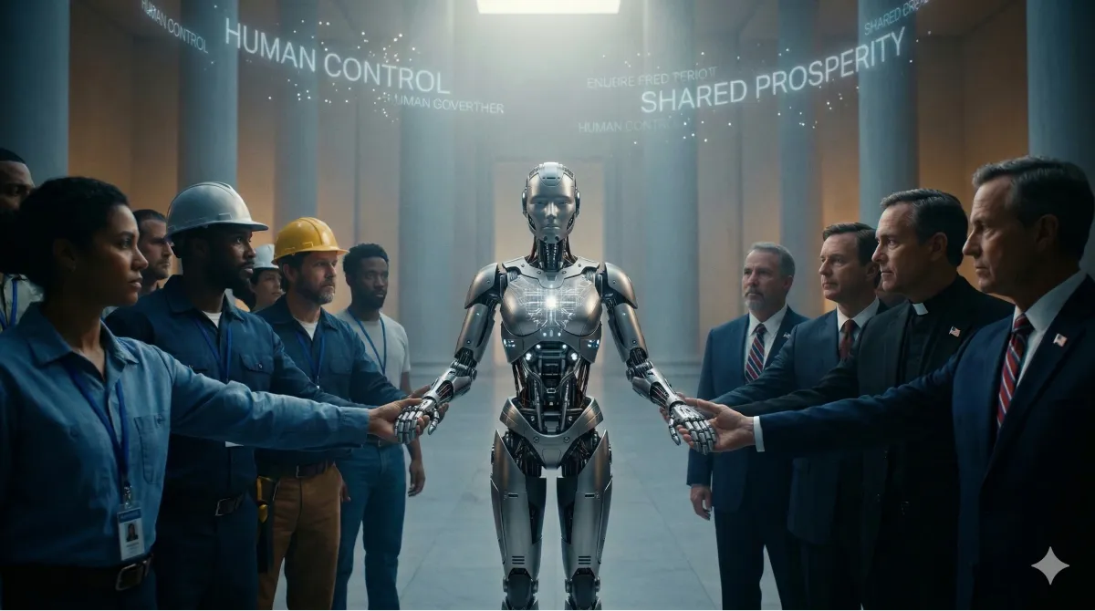 미래적인 로봇의 양손을 작업복을 입은 노동자들과 수트를 입은 남성들이 함께 잡고 있는 모습. 상단에는 'HUMAN CONTROL', 'SHARED PROSPERITY' 홀로그램 텍스트가 떠 있습니다.