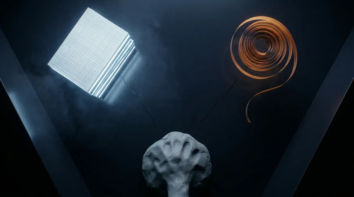 어두운 공간에서 빛나는 석판, 떠 있는 테이프 코일, 압력을 받는 점토 덩어리가 삼각형을 이루고, 바닥의 균열선이 세 소재를 향해 뻗어 있는 추상 구성